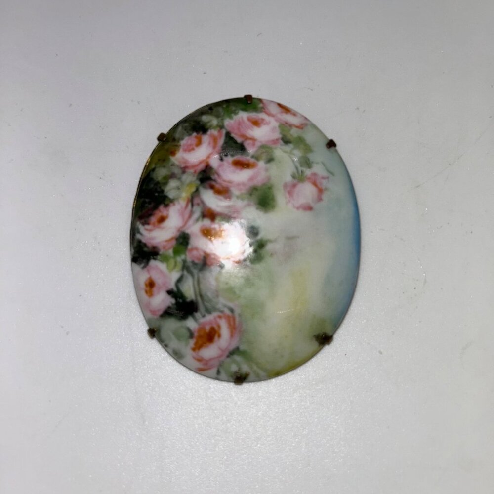Antique Hand-Painted Porcelain Brooch With Pink Roses C-Clasp Gold-tone - Picture 13 of 16